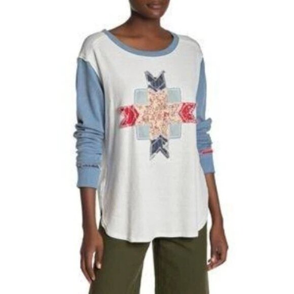 Free People We The Free White Lonestar Patchwork Thermal Top Small 41256 - Picture 3 of 11